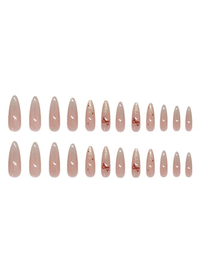YoYoee 24Pes Short Press on Nails - Almond Fake Nails Nude Bow False Nails Gradient Full Cover Nails Tips for Women - Image 3